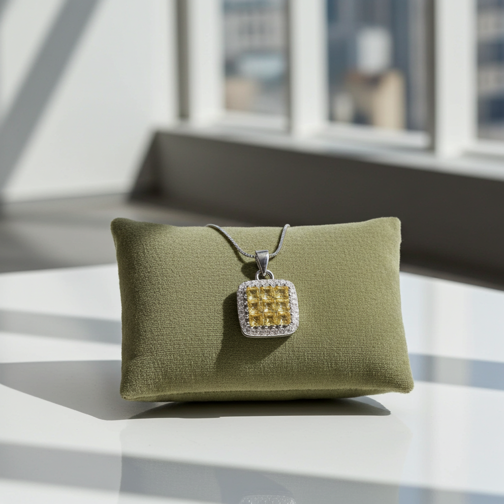 Gold necklace with a square pendant on a green cushion, outdoor setting