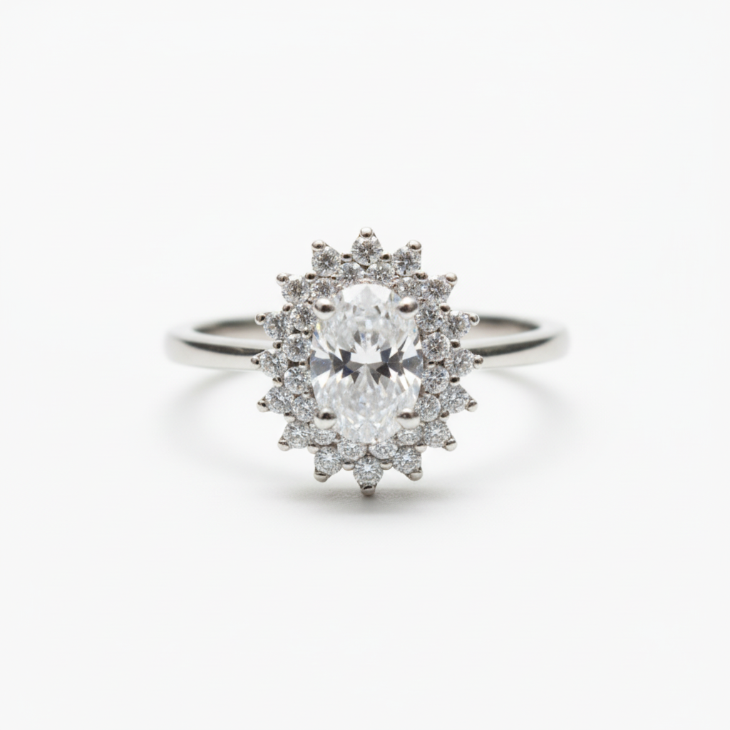 Diamond ring with a star-shaped halo on a white background