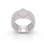 Silver ring with diamond accents on a white background