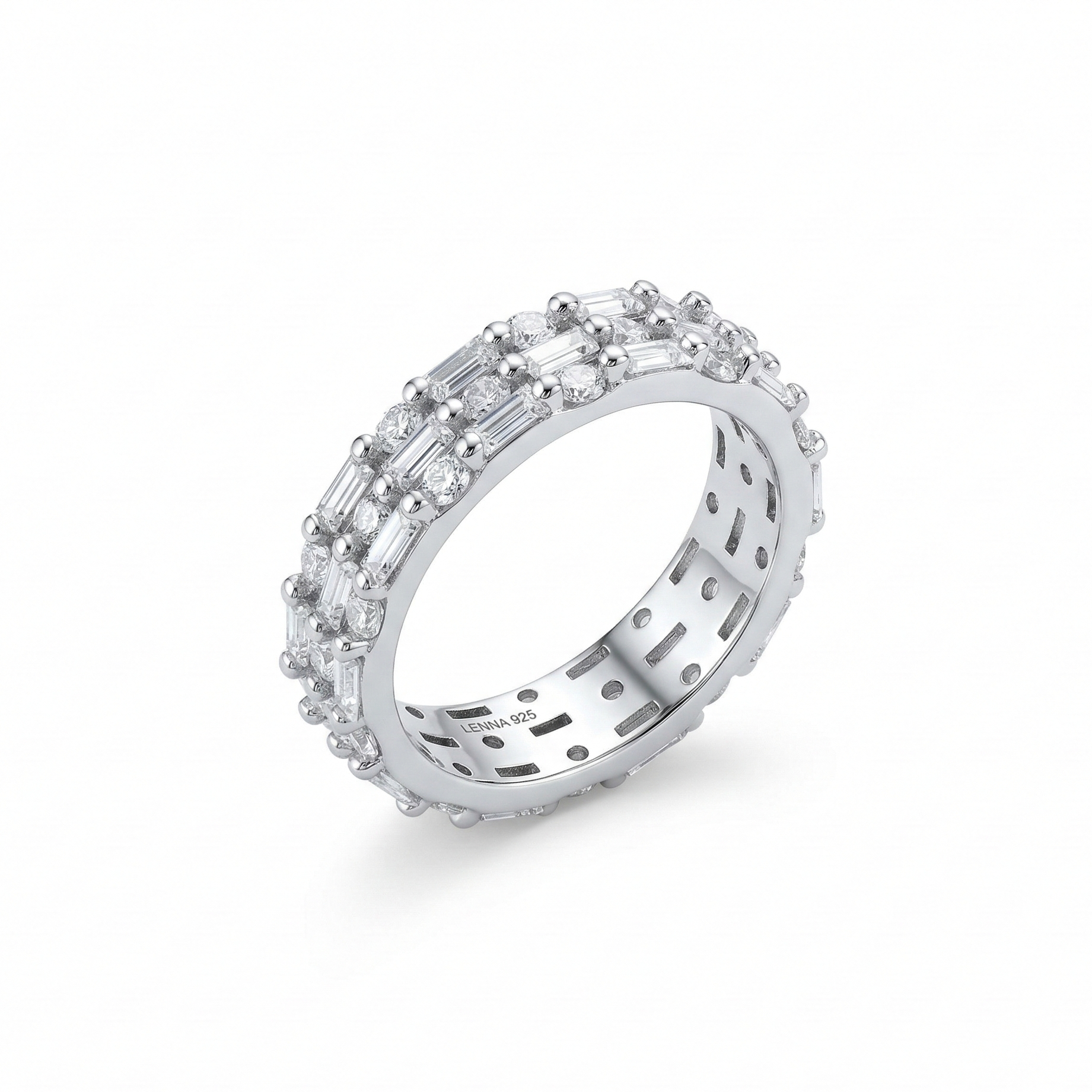 Silver ring with diamond accents on a white background