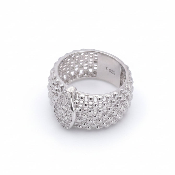 Silver ring with gemstones on a white background