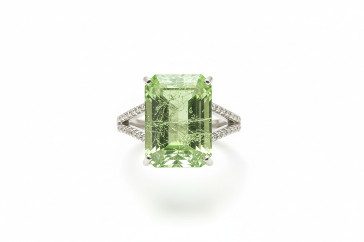 Ring with a green gemstone on a white background