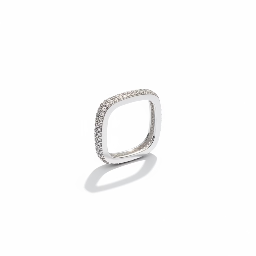 Silver ring with small stones on a white background