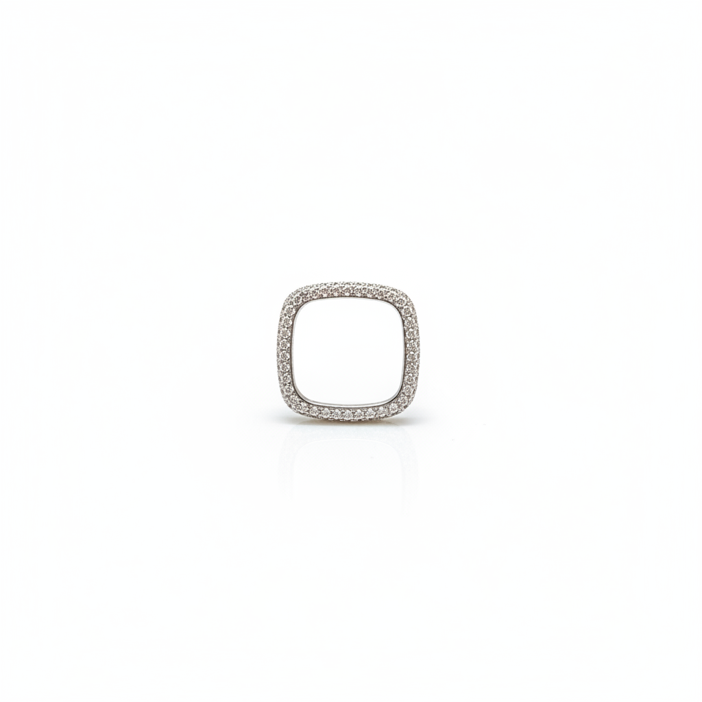 Silver square-shaped ring with small diamonds on a white background