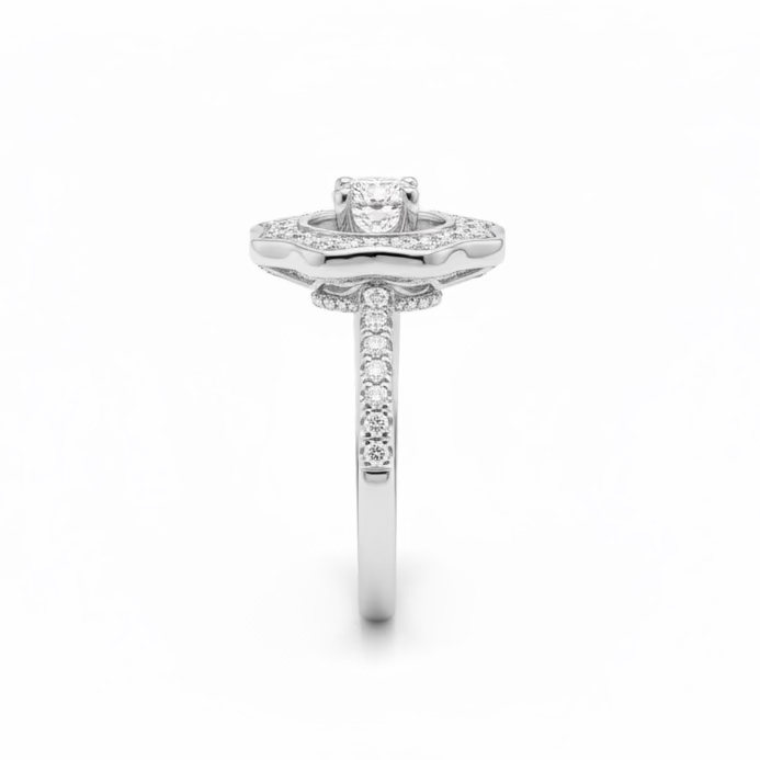 Silver ring with a central diamond and smaller diamonds around on a white background