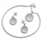 Silver jewelry set with round pave-disc earrings and a matching bracelet on a white background