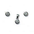 Silver jewelry set with round gemstones on a white background