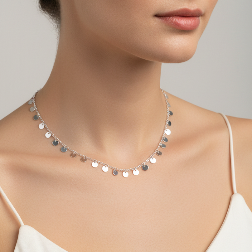 Necklace with small round pendants on a neutral background
