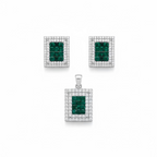 Jewelry set with square pendant and earrings featuring emeralds and diamonds on a white background
