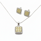Jewelry set with square pendant and matching earrings on a white background