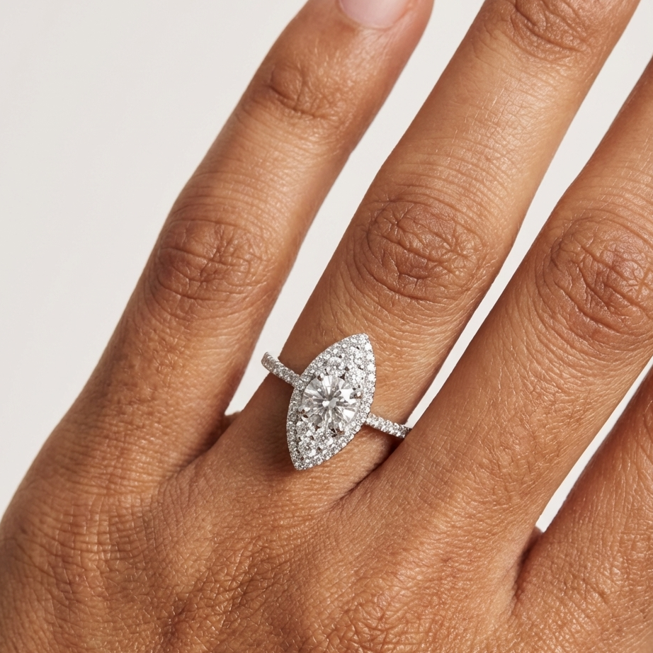 Diamond ring on a hand with a neutral background