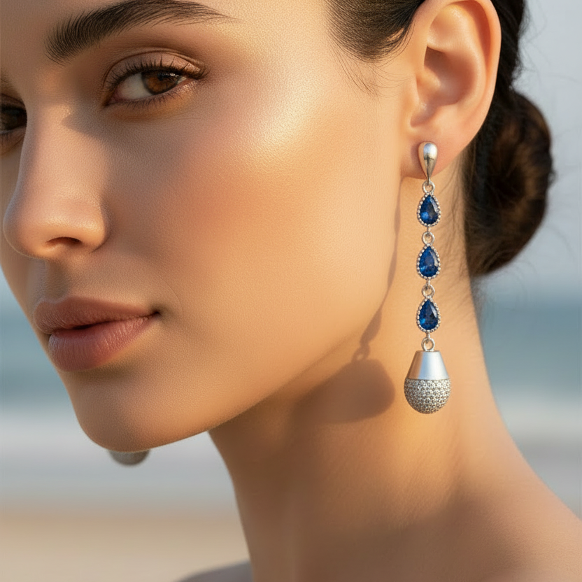 Close-up of a woman wearing elegant earrings with a blurred beach background