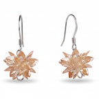 Pair of star-shaped earrings with a peach-colored gemstone on a white background