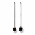 Pair of earrings with black square beads and chain extensions on a light gray background