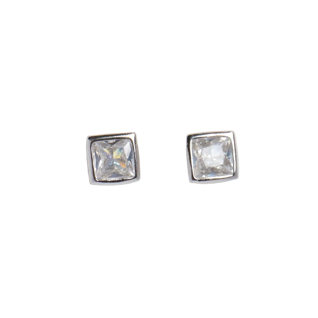 Pair of silver square-cut stud earrings on a light gray background