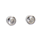 Pair of silver stud earrings with clear gemstones on a white background