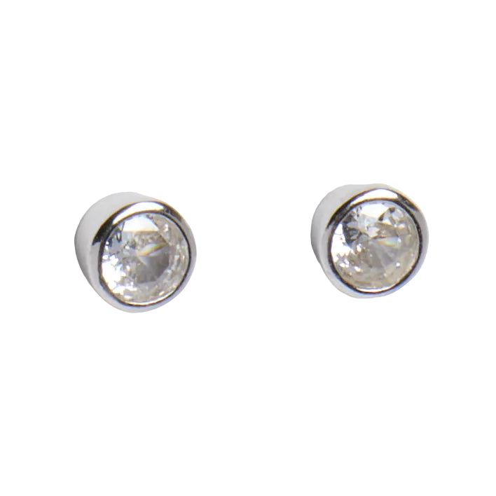 Pair of silver stud earrings with clear gemstones on a white background