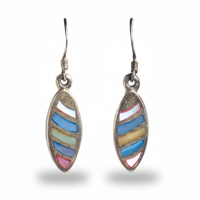 Pair of earrings with multicolored striped design on a white background