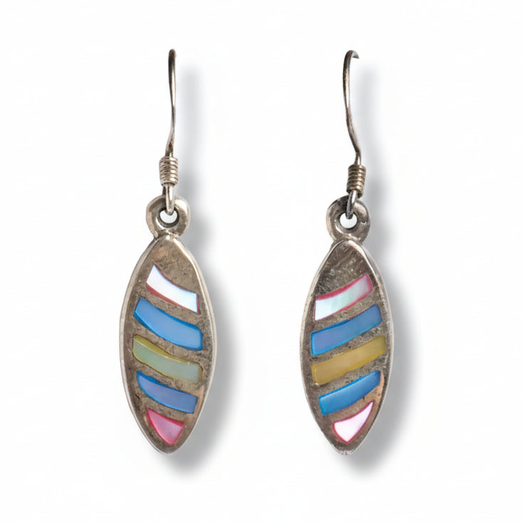 Pair of earrings with multicolored striped design on a white background