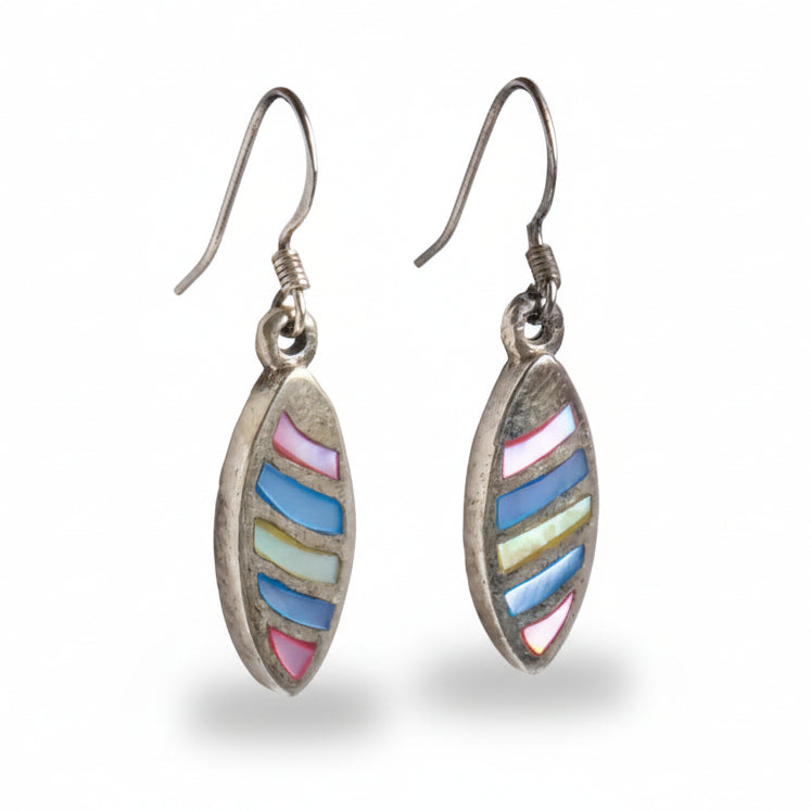 Pair of earrings with multicolored striped design on a white background