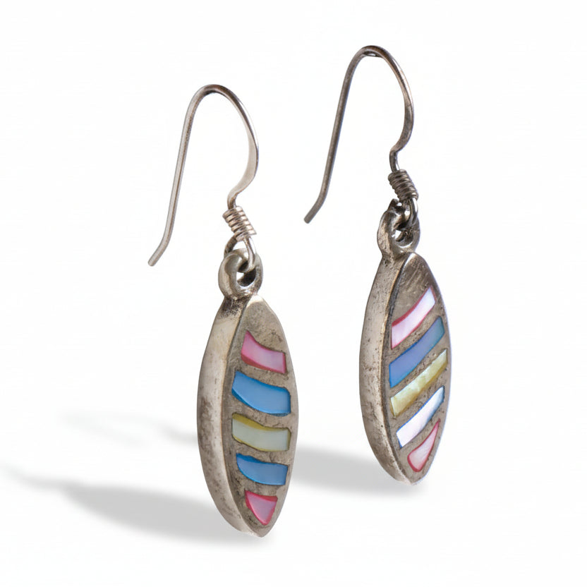 Pair of earrings with colorful striped design on a white background