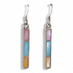 Pair of earrings with colorful rectangular stones on a white background
