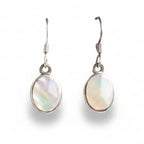 Pair of silver earrings with oval gemstones on a white background