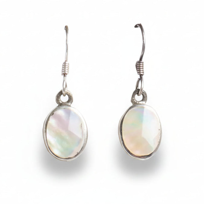 Pair of silver earrings with oval gemstones on a white background