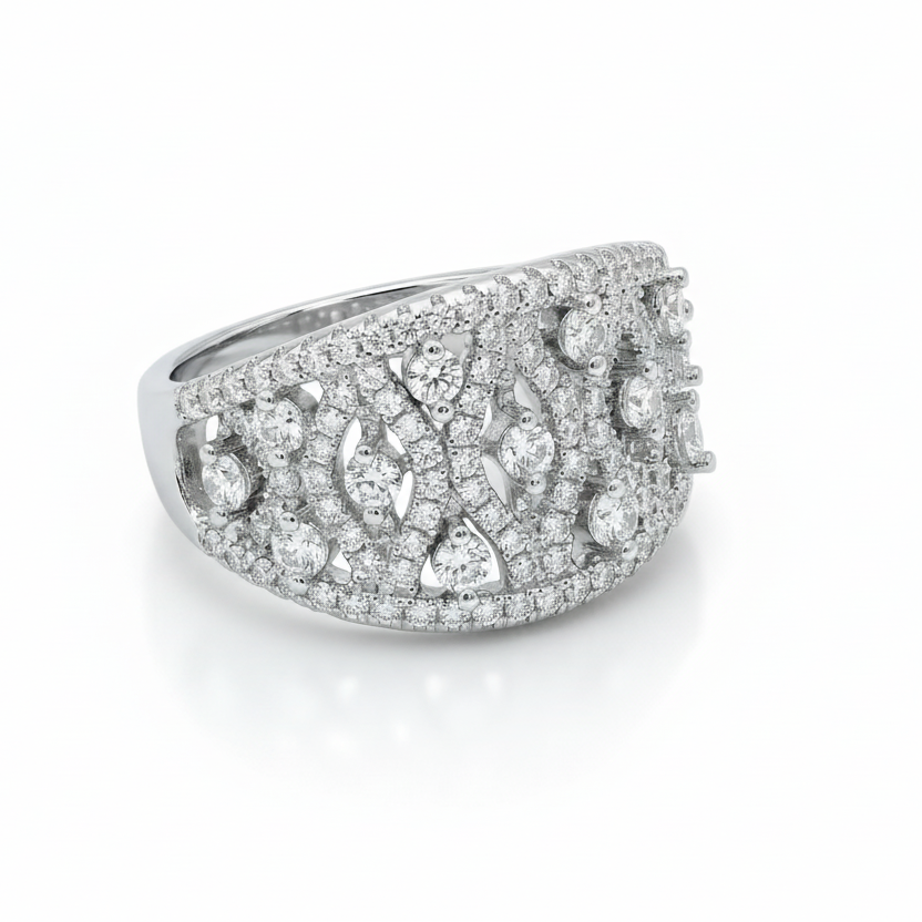 Silver ring with diamond accents on a white background