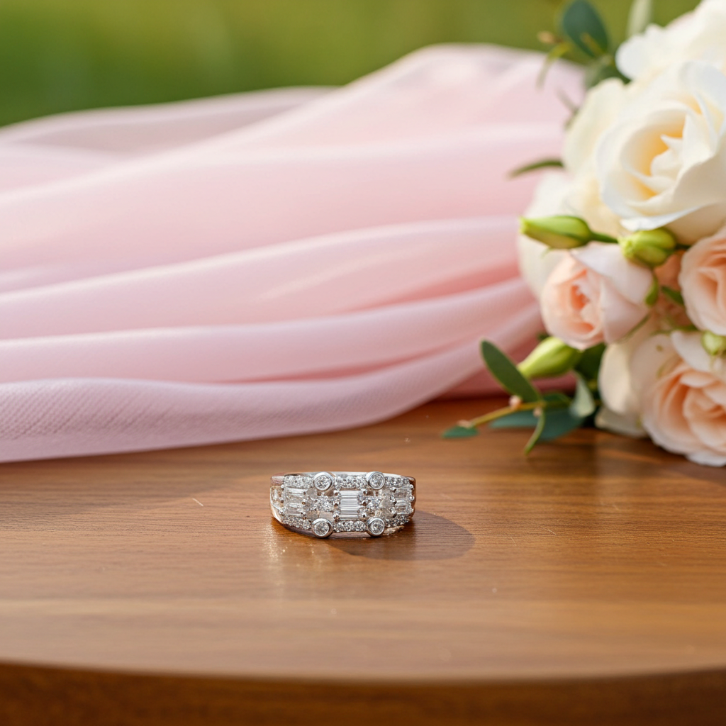 Diamond ring on a wooden surface with pink fabric and flowers in the background