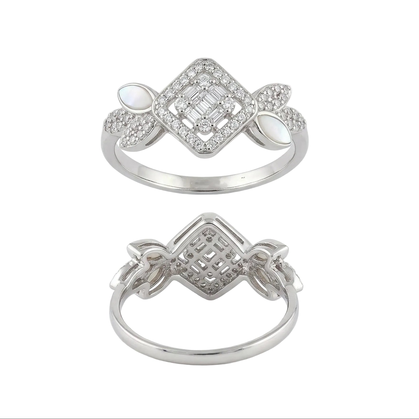 Two silver rings with intricate designs on a white background