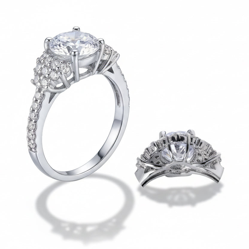 Diamond ring with close-up detail on a white background